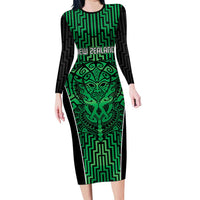 Custom Basketball New Zealand Family Matching Long Sleeve Bodycon Dress and Hawaiian Shirt Green Maori Ta Moko Indigenous LT9 Mom's Dress Green - Polynesian Pride