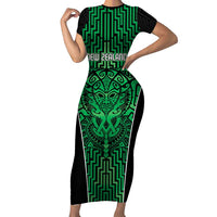 Custom Basketball New Zealand Short Sleeve Bodycon Dress Green Maori Ta Moko Indigenous LT9 Long Dress Green - Polynesian Pride