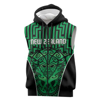 Custom Basketball New Zealand Sleeveless Zip Hoodie Green Maori Ta Moko Indigenous - Polynesian Pride