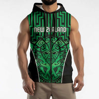 Custom Basketball New Zealand Sleeveless Zip Hoodie Green Maori Ta Moko Indigenous - Polynesian Pride