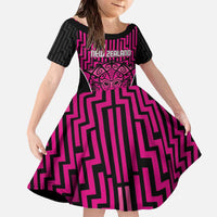 Custom Basketball New Zealand Family Matching Off The Shoulder Long Sleeve Dress and Hawaiian Shirt Pink Maori Ta Moko Indigenous LT9 Daughter's Dress Pink - Polynesian Pride