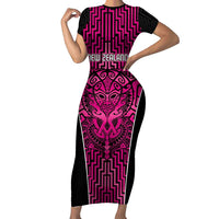 Custom Basketball New Zealand Short Sleeve Bodycon Dress Pink Maori Ta Moko Indigenous LT9 Long Dress Pink - Polynesian Pride