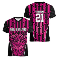 Custom Basketball New Zealand Women V-Neck T-Shirt Pink Maori Ta Moko Indigenous LT9 - Polynesian Pride