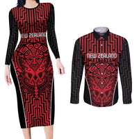 Custom Basketball New Zealand Couples Matching Long Sleeve Bodycon Dress and Long Sleeve Button Shirt Red Maori Ta Moko Indigenous - Polynesian Pride