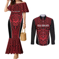 Custom Basketball New Zealand Couples Matching Mermaid Dress and Long Sleeve Button Shirt Red Maori Ta Moko Indigenous - Polynesian Pride