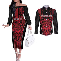 Custom Basketball New Zealand Couples Matching Off The Shoulder Long Sleeve Dress and Long Sleeve Button Shirt Red Maori Ta Moko Indigenous - Polynesian Pride