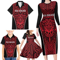 Custom Basketball New Zealand Family Matching Long Sleeve Bodycon Dress and Hawaiian Shirt Red Maori Ta Moko Indigenous LT9 - Polynesian Pride