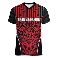 Custom Basketball New Zealand Women V-Neck T-Shirt Red Maori Ta Moko Indigenous LT9 Female Red - Polynesian Pride