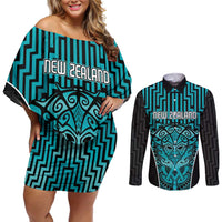 Custom Basketball New Zealand Couples Matching Off Shoulder Short Dress and Long Sleeve Button Shirt Teal Maori Ta Moko Indigenous LT9 Teal - Polynesian Pride