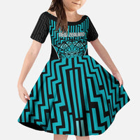 Custom Basketball New Zealand Family Matching Long Sleeve Bodycon Dress and Hawaiian Shirt Teal Maori Ta Moko Indigenous LT9 Daughter's Dress Teal - Polynesian Pride