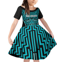 Custom Basketball New Zealand Family Matching Off Shoulder Short Dress and Hawaiian Shirt Teal Maori Ta Moko Indigenous LT9 Daughter's Dress Teal - Polynesian Pride