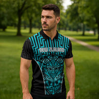 Custom Basketball New Zealand Zipper Polo Shirt Teal Maori Ta Moko Indigenous - Polynesian Pride
