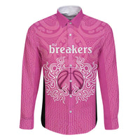 New Zealand Custom Family Matching Mermaid Dress and Hawaiian Shirt Fire Basketball Maori Tribal Pink LT9 Dad's Shirt - Long Sleeve Pink - Polynesian Pride