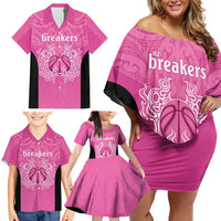 New Zealand Custom Family Matching Off Shoulder Short Dress and Hawaiian Shirt Fire Basketball Maori Tribal Pink LT9 - Polynesian Pride
