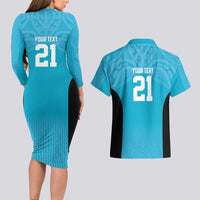 New Zealand Custom Couples Matching Long Sleeve Bodycon Dress and Hawaiian Shirt Fire Basketball Maori Tribal Sky Blue - Polynesian Pride