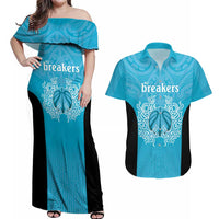 New Zealand Custom Couples Matching Off Shoulder Maxi Dress and Hawaiian Shirt Fire Basketball Maori Tribal Sky Blue LT9 Blue - Polynesian Pride