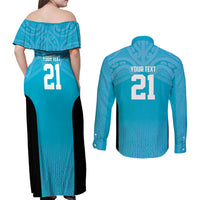 New Zealand Custom Couples Matching Off Shoulder Maxi Dress and Long Sleeve Button Shirt Fire Basketball Maori Tribal Sky Blue LT9 - Polynesian Pride