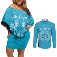 New Zealand Custom Couples Matching Off Shoulder Short Dress and Long Sleeve Button Shirt Fire Basketball Maori Tribal Sky Blue LT9 Blue - Polynesian Pride