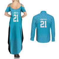 New Zealand Custom Couples Matching Summer Maxi Dress and Long Sleeve Button Shirt Fire Basketball Maori Tribal Sky Blue - Polynesian Pride
