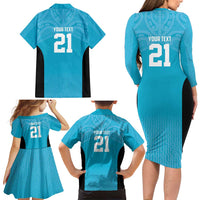 New Zealand Custom Family Matching Long Sleeve Bodycon Dress and Hawaiian Shirt Fire Basketball Maori Tribal Sky Blue LT9 - Polynesian Pride