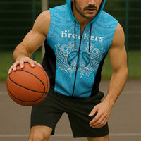 New Zealand Custom Sleeveless Zip Hoodie Fire Basketball Maori Tribal Sky Blue - Polynesian Pride