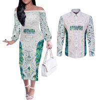 Custom New Zealand Aotearoa Couples Matching Off The Shoulder Long Sleeve Dress and Long Sleeve Button Shirt Green Maori Paua Shell Indigenous - Polynesian Pride