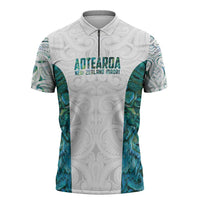Custom New Zealand Aotearoa Zipper Polo Shirt Green Maori Paua Shell Indigenous LT9 Green - Polynesian Pride