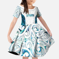 Custom New Zealand Aotearoa Family Matching Off The Shoulder Long Sleeve Dress and Hawaiian Shirt Maori Paua Shell Indigenous LT9 Daughter's Dress Blue - Polynesian Pride