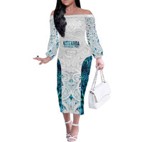 Custom New Zealand Aotearoa Family Matching Off The Shoulder Long Sleeve Dress and Hawaiian Shirt Maori Paua Shell Indigenous LT9 Mom's Dress Blue - Polynesian Pride