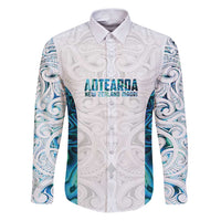 Custom New Zealand Aotearoa Family Matching Puletasi and Hawaiian Shirt Maori Paua Shell Indigenous LT9 Dad's Shirt - Long Sleeve Blue - Polynesian Pride
