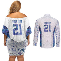 Custom New Zealand Aotearoa Couples Matching Off Shoulder Short Dress and Long Sleeve Button Shirt Purple Maori Paua Shell Indigenous - Polynesian Pride
