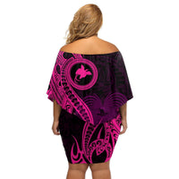 Papua New Guinea Island Off Shoulder Short Dress Bird of Paradise with Pink Polynesian Tribal LT9 - Polynesian Pride