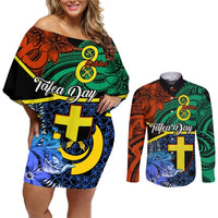 Personalised Tafea Day Couples Matching Off Shoulder Short Dress and Long Sleeve Button Shirts Vanuatu Sand Drawing With Polynesian Pattern LT9 Blue - Polynesian Pride
