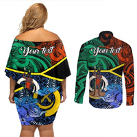 Personalised Tafea Day Couples Matching Off Shoulder Short Dress and Long Sleeve Button Shirts Vanuatu Sand Drawing With Polynesian Pattern LT9 - Polynesian Pride
