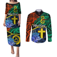 Personalised Tafea Day Couples Matching Puletasi Dress and Long Sleeve Button Shirts Vanuatu Sand Drawing With Polynesian Pattern LT9 Blue - Polynesian Pride