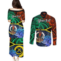 Personalised Tafea Day Couples Matching Puletasi Dress and Long Sleeve Button Shirts Vanuatu Sand Drawing With Polynesian Pattern LT9 - Polynesian Pride