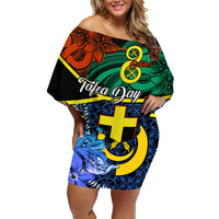 personalised-tafea-day-family-matching-off-shoulder-short-dress-and-hawaiian-shirt-vanuatu-sand-drawing-with-polynesian-pattern