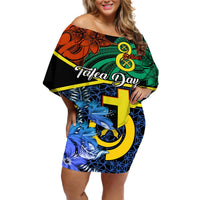 Personalised Tafea Day Off Shoulder Short Dress Vanuatu Sand Drawing With Polynesian Pattern LT9 Women Blue - Polynesian Pride