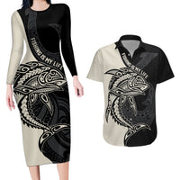 Personalised Polynesia Fishing Couples Matching Long Sleeve Bodycon Dress and Hawaiian Shirt With Maori Hei Matau Fish Hook Gold Art LT9 Gold - Polynesian Pride
