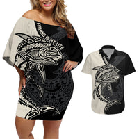 Personalised Polynesia Fishing Couples Matching Off Shoulder Short Dress and Hawaiian Shirt With Maori Hei Matau Fish Hook Gold Art LT9 Gold - Polynesian Pride