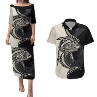 Personalised Polynesia Fishing Couples Matching Puletasi Dress and Hawaiian Shirt With Maori Hei Matau Fish Hook Gold Art LT9 Gold - Polynesian Pride