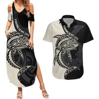 Personalised Polynesia Fishing Couples Matching Summer Maxi Dress and Hawaiian Shirt With Maori Hei Matau Fish Hook Gold Art LT9 Gold - Polynesian Pride