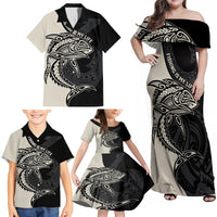 Personalised Polynesia Fishing Family Matching Off Shoulder Maxi Dress and Hawaiian Shirt With Maori Hei Matau Fish Hook Gold Art LT9 - Polynesian Pride