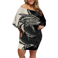Personalised Polynesia Fishing Off Shoulder Short Dress With Maori Hei Matau Fish Hook Gold Art LT9 Women Gold - Polynesian Pride