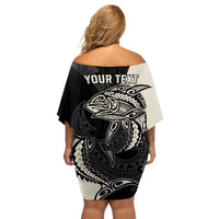 Personalised Polynesia Fishing Off Shoulder Short Dress With Maori Hei Matau Fish Hook Gold Art LT9 - Polynesian Pride