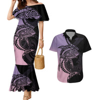 Personalised Polynesia Fishing Couples Matching Mermaid Dress and Hawaiian Shirt With Maori Hei Matau Fish Hook Pastel Art LT9 Pastel - Polynesian Pride
