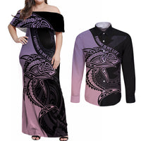 personalised-polynesia-fishing-couples-matching-off-shoulder-maxi-dress-and-long-sleeve-button-shirts-with-maori-hei-matau-fish-hook-pastel-art
