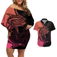 Personalised Polynesia Fishing Couples Matching Off Shoulder Short Dress and Hawaiian Shirt With Maori Hei Matau Fish Hook Pink Art LT9 Pink - Polynesian Pride