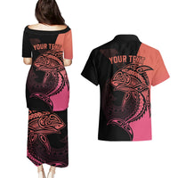 Personalised Polynesia Fishing Couples Matching Puletasi Dress and Hawaiian Shirt With Maori Hei Matau Fish Hook Pink Art LT9 - Polynesian Pride