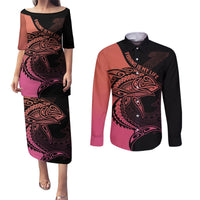 Personalised Polynesia Fishing Couples Matching Puletasi Dress and Long Sleeve Button Shirts With Maori Hei Matau Fish Hook Pink Art LT9 Pink - Polynesian Pride